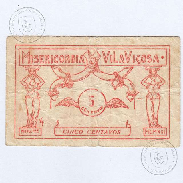 Cédula, 5 Centavos Misericórdia de Vila Viçosa, Novembro 1921, "Empreza" escrita com "z", (MC), Ref. nº 4572 no catálogo I.C.P.