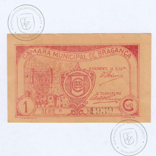 Cédula 1 Centavo Camara Municipal de Bragança, Série E Nº 1939, (NC), Referencia nº 1147 no catálogo I.C.P.