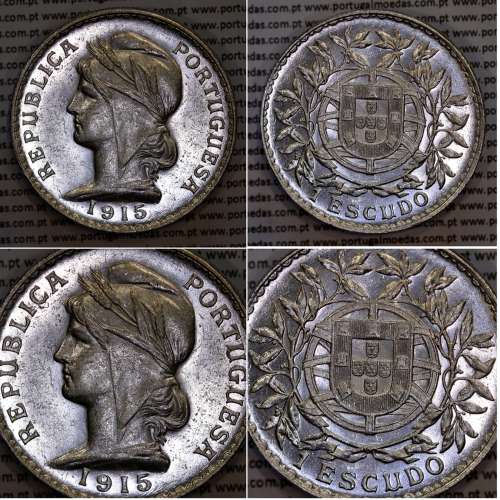 1 Escudo 1915 prata PROOF LIKE, (Muito Rara), 1$00 escudo prata 1915, Baixo relevo espelhado e alto relevo mate, não catalogada
