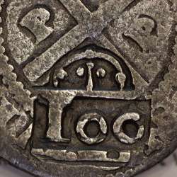 Carimbo de 100 Réis de D. Afonso VI, sobre moeda 4 Vinténs Prata do Porto de D. João IV 1640-1656, World Coins Portugal KM 426.3