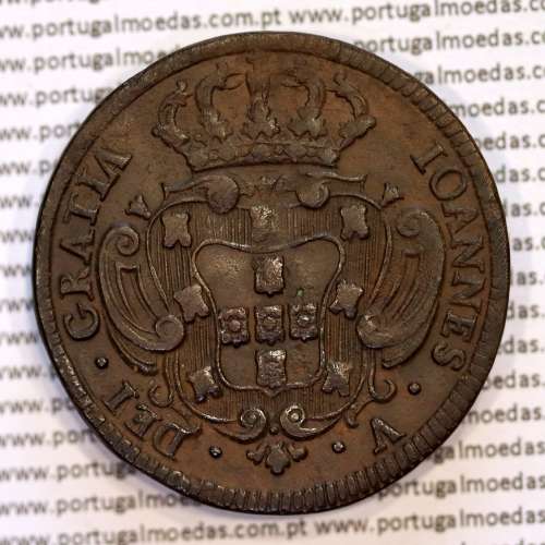 X Réis 1736 cobre D. João V, ∅ 37mm, Disco grosso 2 mm, 7 cachos à direita e 7 cachos à esquerda, World Coins Portugal KM 217