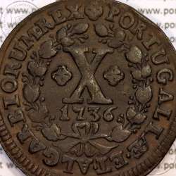 X Réis 1736 cobre D. João V, ∅ 37mm, Disco grosso 2 mm, 7 cachos à direita e 7 cachos à esquerda, World Coins Portugal KM 217