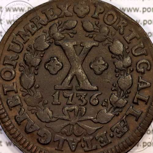 X Réis 1736 cobre D. João V, ∅ 37mm, Disco grosso 2 mm, 7 cachos à direita e 7 cachos à esquerda, World Coins Portugal KM 217