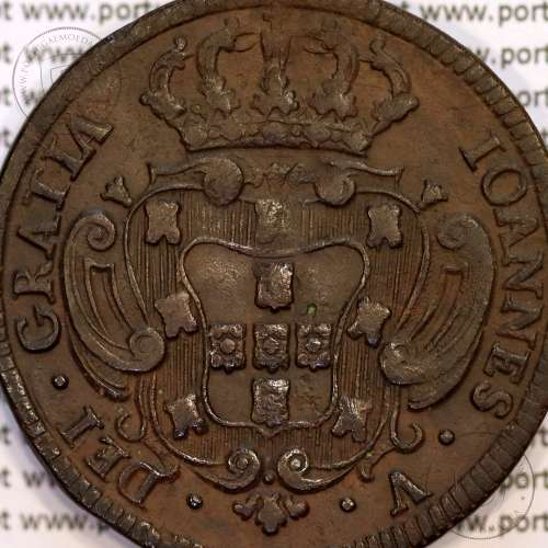 X Réis 1736 cobre D. João V, ∅ 37mm, Disco grosso 2 mm, 7 cachos à direita e 7 cachos à esquerda, World Coins Portugal KM 217