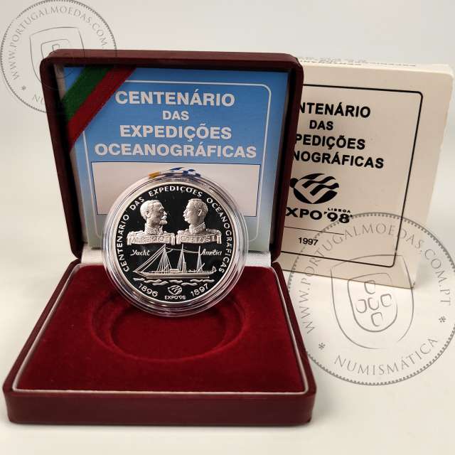 Prata Proof, 1000 Escudos 1997 Centenário das Expedições Oceanográficas, 1000$00 1997 Prata Proof em estojo, World Coins KM 695a
