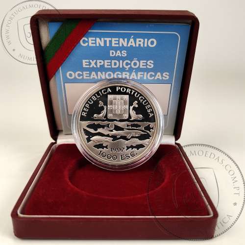 1000 Escudos 1997 100th Anniversary of Oceanographic Expeditions, silver Proof, with case, World Coins Portugal KM695a