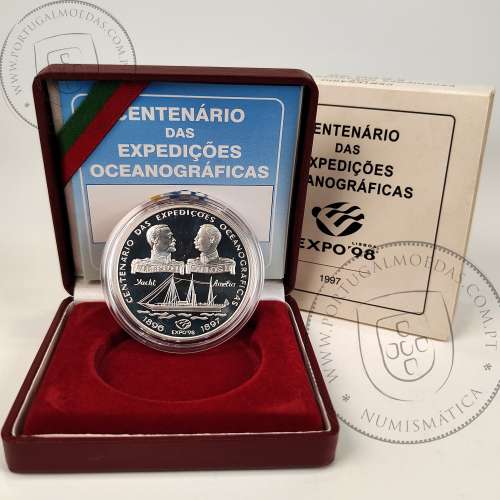 1000 Escudos 1997 Centenário das Expedições Oceanográficas, 1000$00 1997 Prata Proof em estojo, World Coins KM 695a a61