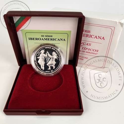 Portugal, silver coin Proof 1000 Escudos 1997 Pauliteiros Dancers - 3rd Ibero-American Series , with Case, Portugal KM 704a