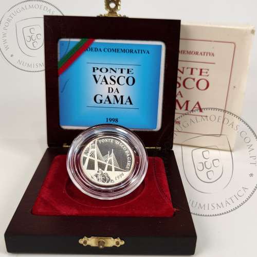 Proof 500 Escudos 1998 Ponte Vasco da Gama, Estojo moeda prata Proof 500$00 1998, World Coins Portugal KM 705a