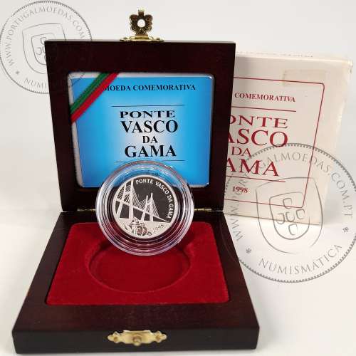 Proof 500 Escudos 1998 Ponte Vasco da Gama, Estojo moeda prata Proof 500$00 1998, World Coins Portugal KM 705a 00
