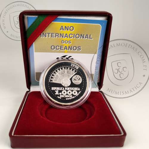 Portugal, 1000 Escudos 1998 International Year of Oceans, EXPO`98, silver Proof coin, with case, World Coins Portugal KM707a