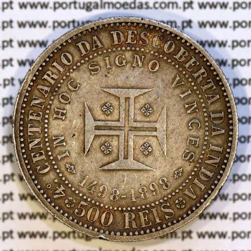 Portugal, silver coin of 500 réis 1898 of D. Carlos I, 4th Centenary of the Discovery of India 1498-1898, (VF+/XF), KM 538.