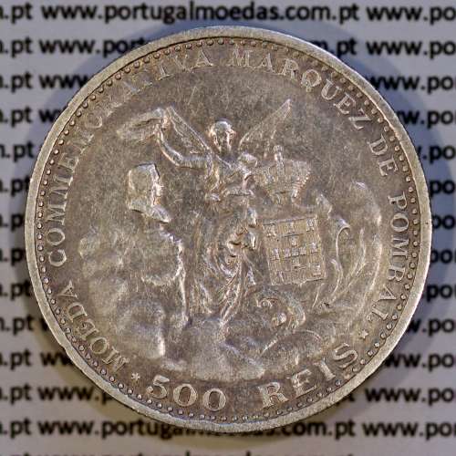 Portugal, silver coin 500 réis 1910 of D. Manuel II, Marquês de Pombal Commemorative, (VF), World Coins Portugal KM 557 03