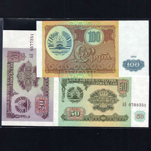 Tajikistão - Lote de 9 Notas Diferentes - Serie 1994-1999 (Não Circuladas)