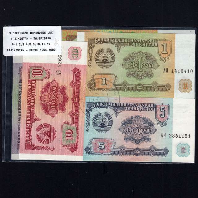 Tajikistão - Lote de 9 Notas Diferentes - Serie 1994-1999 (Não Circuladas)