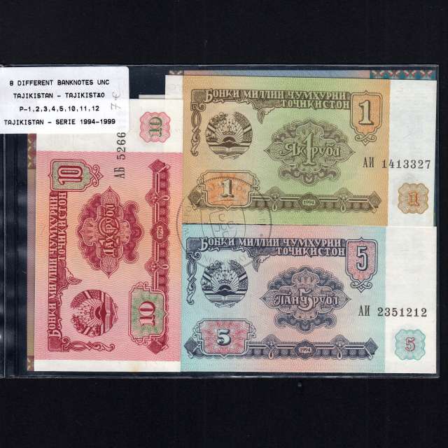 Tajikistão - Lote de 8 Notas Diferentes - Serie 1994-1999 (Não Circuladas)