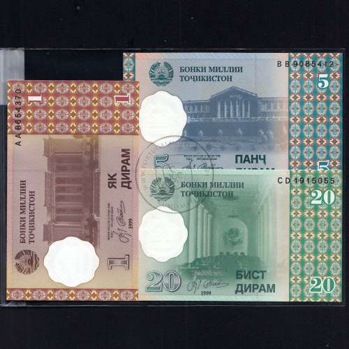 Tajikistão - Lote de 8 Notas Diferentes - Serie 1994-1999 (Não Circuladas)