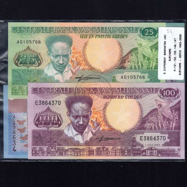 Suriname - Lote de 5 Notas Diferentes - Serie 1963-2000 (Não Circuladas)