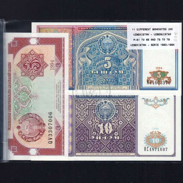 Uzbekistan - Lot of 11 Different Banknotes - Series 1992-1994 (Uncirculated)
