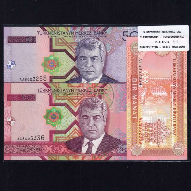 Turkmenistan - Lot of 3 Different Banknotes - Series 1993-2005 (Uncirculated)