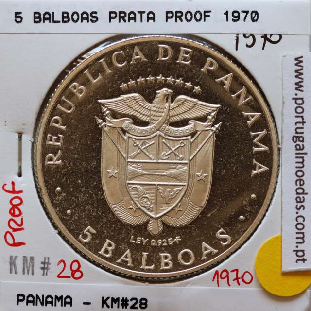 Panamá, 5 Balboas 1970 Prata Proof, XI Jogos Desportivos Centro-Americanos e do Caribe 1970, World Coins Panama KM 28 B