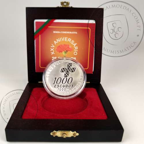 Portugal, 1000 Escudos 1999 Revolution of April 25, 25th Anniversary 1974-1999, silver Proof, with case, World Coins KM715a 08