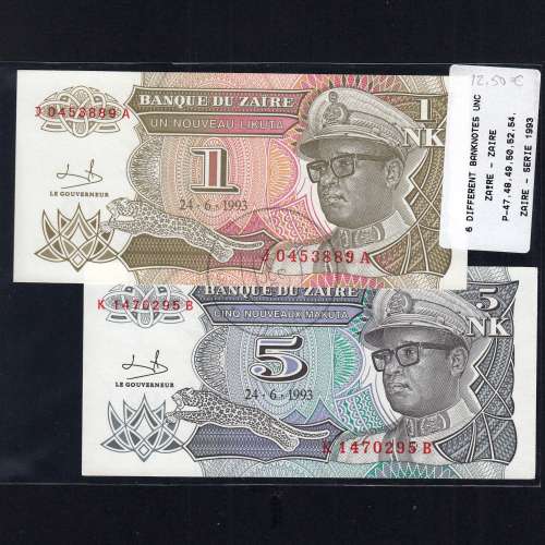 Zaire - Lot of 6 Different Banknotes -Series 1993 (Uncirculated)