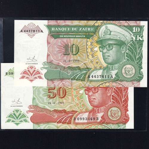 Zaire - Lot of 6 Different Banknotes -Series 1993 (Uncirculated)