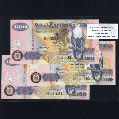 Zambia - Lote de 3 Notas Diferentes 100 Kwacha (Não Circuladas)