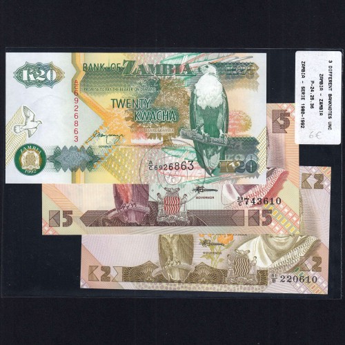Zambia - Lote de 3 Notas Diferentes-Serie 1980-1992 (Não Circuladas)