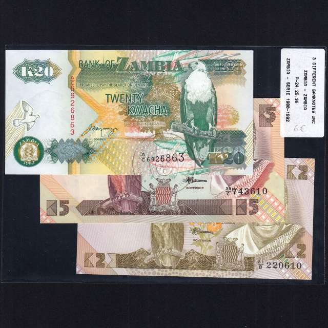 Zambia - Lot of 3 Different Banknotes-Series 1980-1992 (Uncirculated)