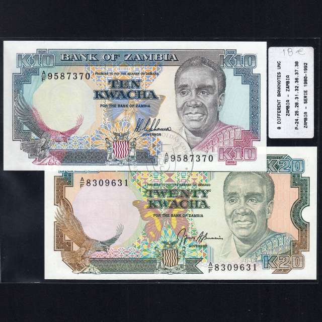 Zambia - Lote de 8 Notas Diferentes-Serie 1980-1992 (Não Circuladas)
