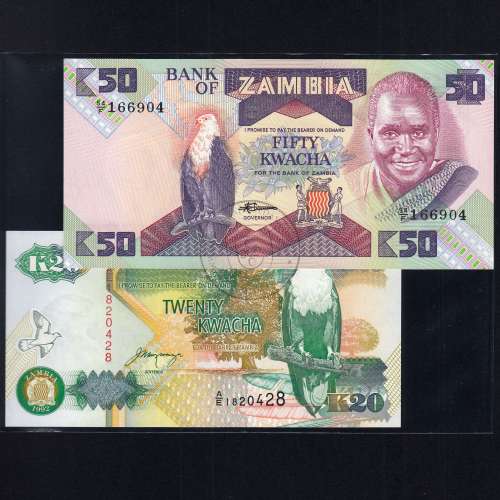 Zambia - Lote de 8 Notas Diferentes-Serie 1980-1992 (Não Circuladas)