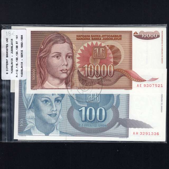 Jugoslávia - Lote de 8 Notas Diferentes - Serie 1992-1994 (Não Circuladas)