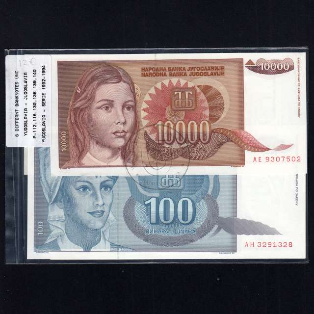 Jugoslávia - Lote de 6 Notas Diferentes - Serie 1992-1994 (Não Circuladas)