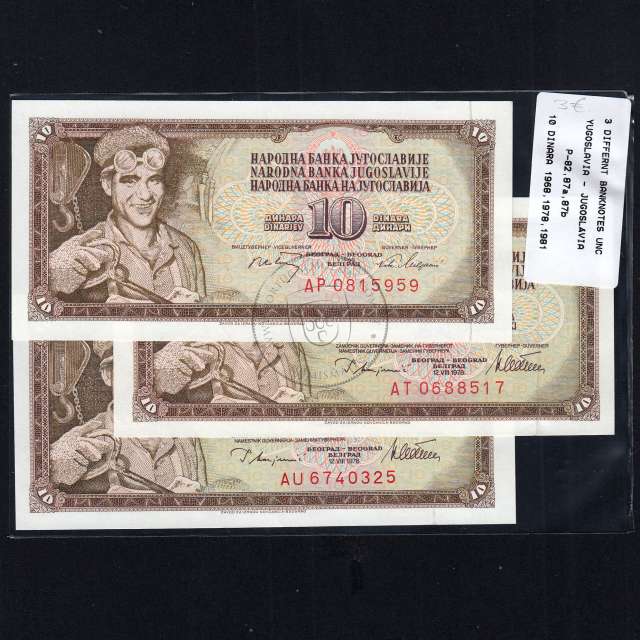 Jugoslávia - Lote de 3 Notas Diferentes - Serie 10 Dinara (Não Circuladas)