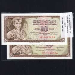 Jugoslávia - Lote de 2 Notas Diferentes - Serie 10 Dinara (Não Circuladas)