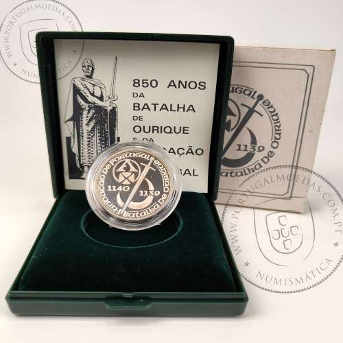 Proof 250 Escudos 1989 Batalha de Ourique e Fundação de Portugal, prata, Estojo moeda prata Proof 250$00 1989, Portugal KM650a