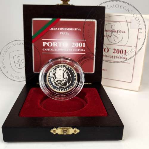 Proof 500 Escudos 2001 Porto 2001, Capital Europeia da Cultura, Estojo moeda prata Proof 500$00 2001, World Coins KM 733a 01