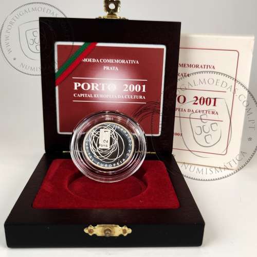 Proof 500 Escudos 2001 Porto 2001, Capital Europeia da Cultura, Estojo moeda prata Proof 500$00 2001, World Coins KM 733a 07