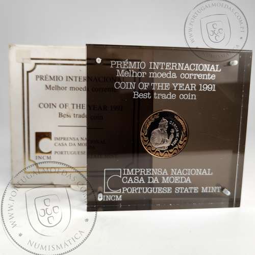 Prémio Coty, 200 Escudos 1991 Garcia de Orta, Bimetálica Proof, 200$00 1991 Proof em expositor acrílico Prémio Coty, KM 655 03