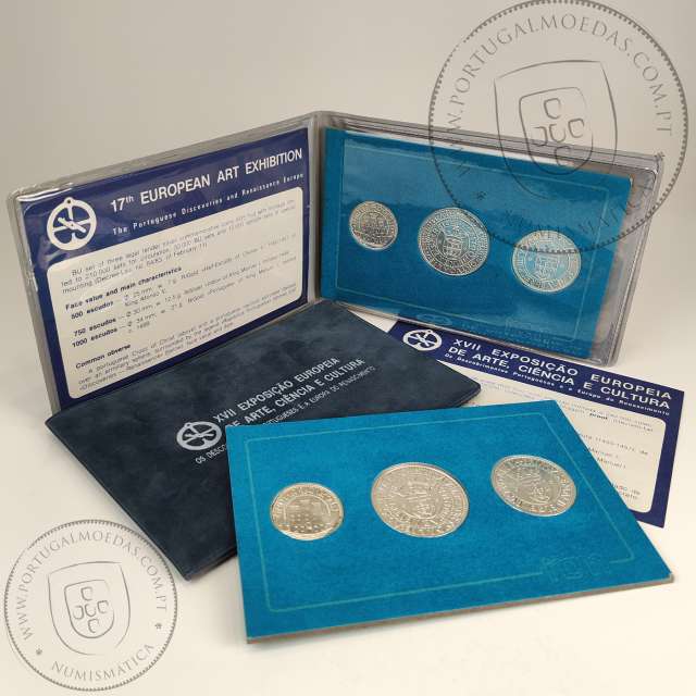 Portugal BNC wallet, of silver coins of the XVII European Art Exhibition 1983, In navy blue velvet and captioned in white