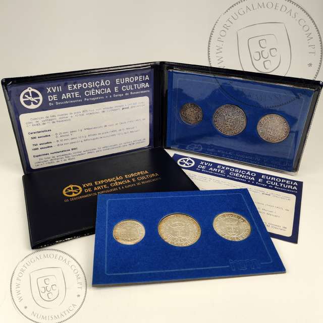 XVII Exposição Europeia 1983, moedas 500$00, 750$00 e 1000$00, Carteira BNC da INCM em PVC Azul Escuro legendada a dourado