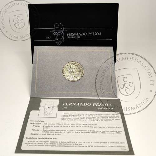 Carteira BNC, 100 Escudos 1985 Fernando Pessoa, cuproníquel, Carteira com moeda BNC de 100$00 Poeta Fernando Pessoa, KM628 B