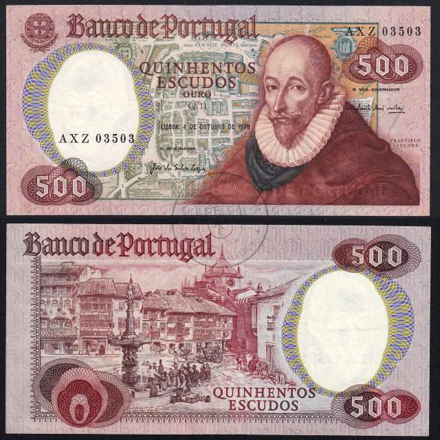 500 Escudos 1979 Francisco Sanches 04/10/1979, 500$00 Quinhentos Escudos 04/10/1979 Chapa:11 Banco de Portugal, (PC), Pick 177