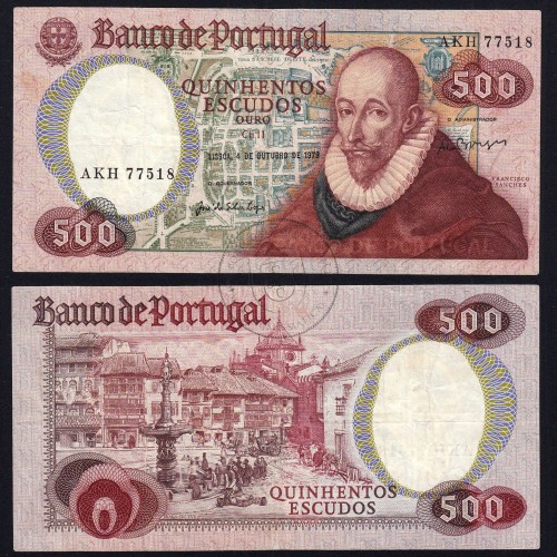 500 Escudos 1979 Francisco Sanches 04/10/1979, 500$00 Quinhentos Escudos 04/10/1979 Chapa:11 Banco de Portugal, (C), Pick 177