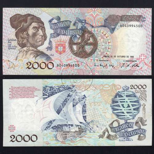 Banknote 2000 Escudos 21-10-1993 Bartolomeu Dias, Plate: 1, Bank of Portugal, World Paper Money Pick 186, (Circulated)