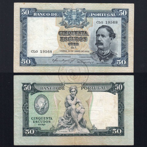 Nota de 50 Escudos 1955 ( Circulada ) "50$00 1955 Ch.7 Fontes Pereira de Mello - Banco de Portugal (24/06/1955)