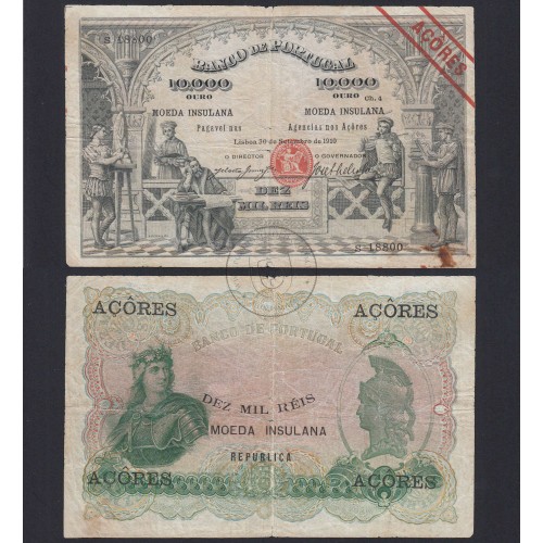 Azores-Banknote of 10.000 Reis 1910, 10000 Reis 09/30/1910 Plate 4, Bank of Portugal, (Circulated), Pick 108