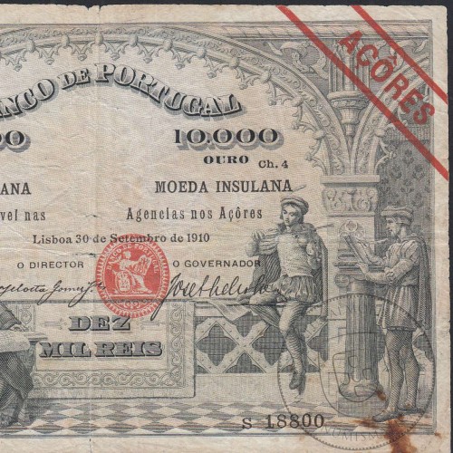 Azores-Banknote of 10.000 Reis 1910, 10000 Reis 09/30/1910 Plate 4, Bank of Portugal, (Circulated), Pick 108